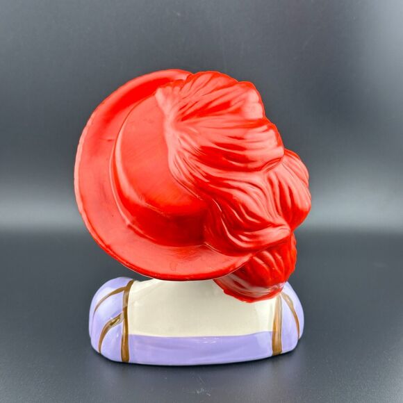 Vintage Lady Head Bust Figurine Ceramic Red Hat with Feather Hand Painted 5.5" H - Picture 4 of 8